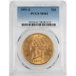 1891-S $20 Liberty Head Double Eagle Gold Coin PCGS MS61