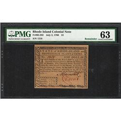 July 2, 1780 $1 Rhode Island Colonial Currency Note Fr.RI-282 PMG Uncirculated 63
