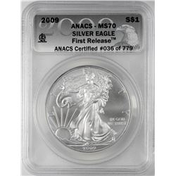 2009 $1 American Silver Eagle Coin ANACS MS70 First Release