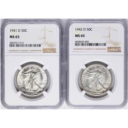 Lot of 1941-D & 1942-D Walking Liberty Half Dollar Coins NGC MS65