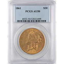 1861 $20 Liberty Head Double Eagle Gold Coin PCGS AU50