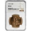 Image 1 : 1910 $20 St. Gaudens Double Eagle Gold Coin NGC MS62