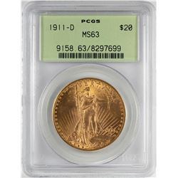 1911-D $20 St. Gaudens Double Eagle Gold Coin PCGS MS63 OGH