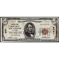 1929 $5 Security First NB of Los Angeles, CA CH# 2491 National Currency Note