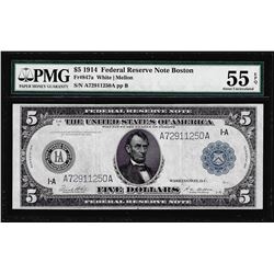 1914 $5 Federal Reserve Note Boston Fr.847a PMG About Uncirculated 55EPQ