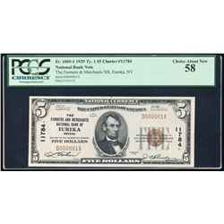 Serial #1 1929 $5 Eureka, Nevada CH# 11784 National Currency Note PMG Choice XF45