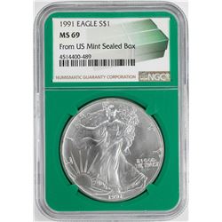 1991 $1 American Silver Eagle Coin NGC MS69 Green Core