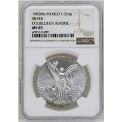 1982Mo Mexico Libertad Onza Doubled Die Reverse Silver Coin NGC MS65