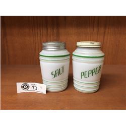 Vintage Milk Glass Salt & Pepper Shakers With Green Stripes and Writing