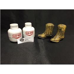 Two Sets of Salt and Pepper Shakers Co-Op and Cowboy Boots