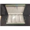 Image 2 : Vintage Green Metal Cash Box with Key. Including 4- Slot Metal Tray 9.25" w x 4.25" H