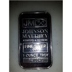 Johnson Matthey one Troy ounce .999 Silver Bar