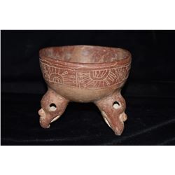 5 7/8" D Mayan Painted Vessel, Tri Rattle Legs, Good