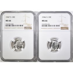 1946-S & 47-S ROOSEVELT DIMES, NGC MS-66