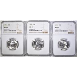 3-1964 WASHINGTON QUARTERS, NGC MS-65