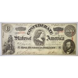 1863 $100 CONFEDERATE STATES NOTE CU