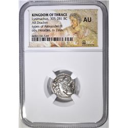 305-281 BC LYSIMACHUS AR DRACHM  NGC AU