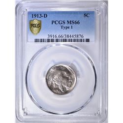 1913-D TYPE-1 BUFFALO NICKEL, PCGS MS-66