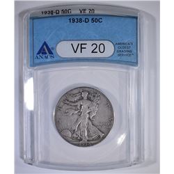 1938-D WALKING LIBERTY HALF DOLLAR ANACS VF-20