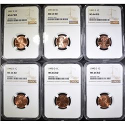 3 1990-D & 3 91-D LINCOLN CENTS NGC MS-66 RD