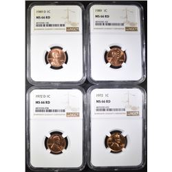 1972-P,D & 89-P,D LINCOLN CENTS NGC MS-66 RD