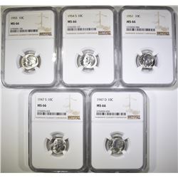 1947-D&S, 51, 54-S & 55 ROOSEVELT DIMES, NGC MS-66