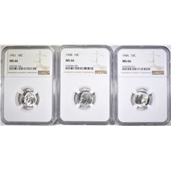 1946,48 & 51 ROOSEVELT DIMES, NGC MS-66