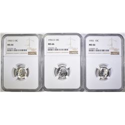 1955-P-D&S ROOSEVELT DIMES, NGC MS-66