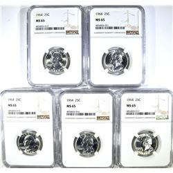 ( 5 ) 1964 WASHINGTON QTR NGC MS65