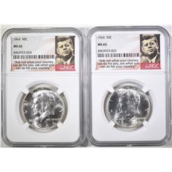 2-1964 KENNEDY HALF DOLLARS, NGC MS-65