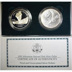 1999 YELLOWSTONE Pf & UNC COMMEM SILVER DOLLARS