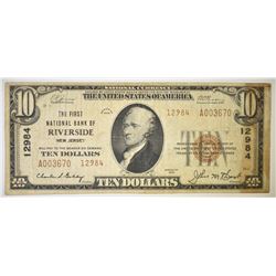 1929 $10 FIRST NATIONAL BANK OF RIVERSIDE NJ