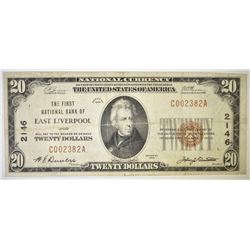1929 $20 FIRST NATIONAL BANK OF EAST LIVERPOOL, OH