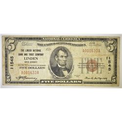 1929 $5 LINDEN NATIONAL BAKN & TRUST