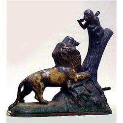 Lion and Monkey cast iron bank; 9" across x 9 1/2