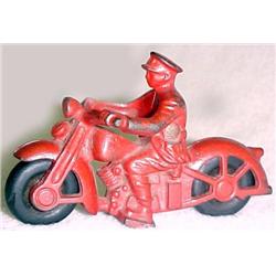Motorcycle with Rider; painted red cast iron with