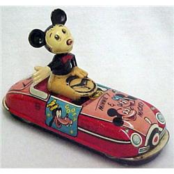 Minnie & Mickey Car; tin wind-up with plastic Mic