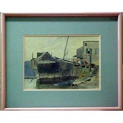 Frank Miller watercolor; dock scene; signed and d