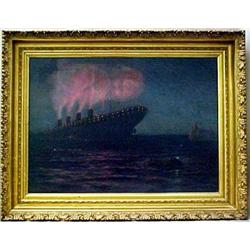 Oil on canvas; Titanic sinking; image measures 20