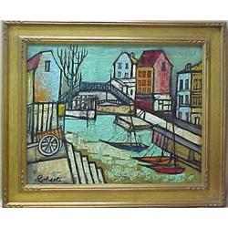 Roberts oil on canvas; drawbridge over river; sig