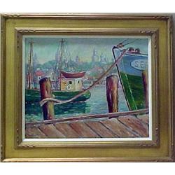 Eve Frank oil on canvas; ship tied at dock; signe