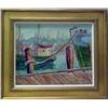 Image 1 : Eve Frank oil on canvas; ship tied at dock; signe