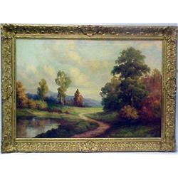 American School oil on canvas; landscape; signed 