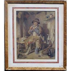 Continental School watercolor; interior with man 