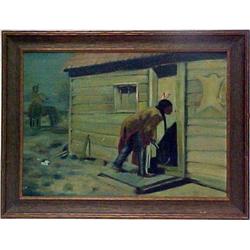 American School oil on studio board; Native Ameri