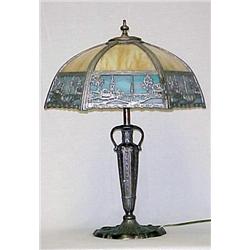 Miller metal lamp with slag glass panel shade; bo