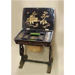 Empire Chinoiserie sewing stand; hinged lid lifts