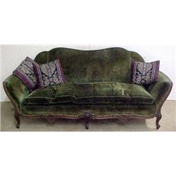 French style walnut and upholstered sofa; green v