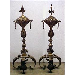 A pair of French brass andirons with plume finial