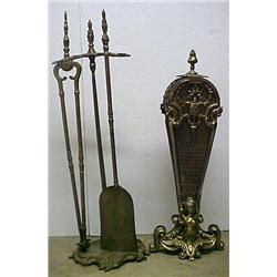 French brass fireplace tools and folding firescre